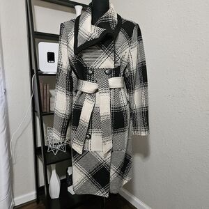 Worthington Black and Cream Plaid Pea Coat